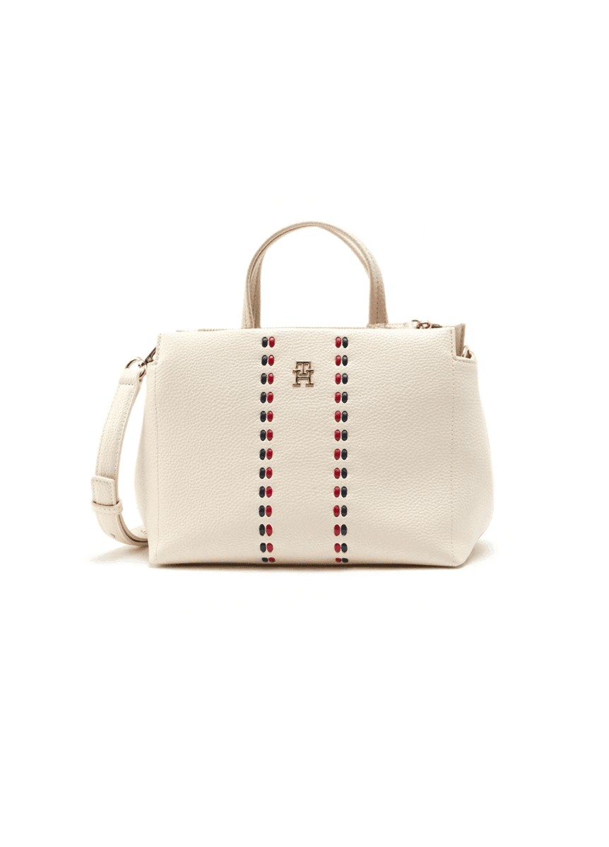 Sac à main beige avec bandes cloutées tricolores et détails dorés image 1